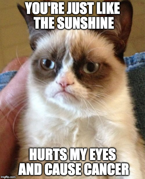 Grumpy Cat Meme | YOU'RE JUST LIKE THE SUNSHINE; HURTS MY EYES AND CAUSE CANCER | image tagged in memes,grumpy cat,bacon,cancer | made w/ Imgflip meme maker