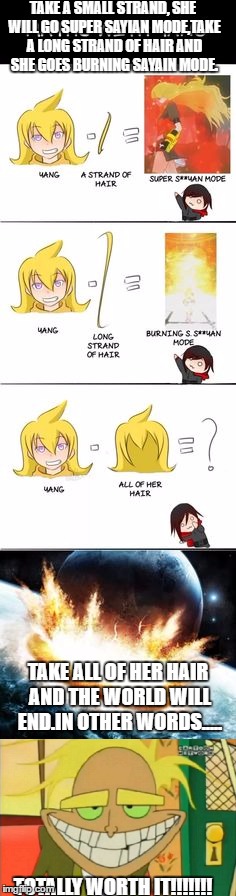 Hes going to do it and he is not going to regret it! | TAKE A SMALL STRAND, SHE WILL GO SUPER SAYIAN MODE,TAKE A LONG STRAND OF HAIR AND SHE GOES BURNING SAYAIN MODE. TAKE ALL OF HER HAIR AND THE WORLD WILL END.IN OTHER WORDS..... TOTALLY WORTH IT!!!!!!! | image tagged in freaky fred,rwby,ruby rose,ruby,yang,yang xiao long | made w/ Imgflip meme maker