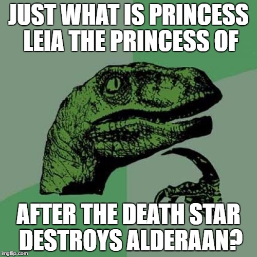 Philosoraptor Meme | JUST WHAT IS PRINCESS LEIA THE PRINCESS OF; AFTER THE DEATH STAR DESTROYS ALDERAAN? | image tagged in memes,philosoraptor | made w/ Imgflip meme maker