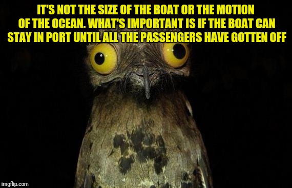 Weird Stuff I Do Potoo | IT'S NOT THE SIZE OF THE BOAT OR THE MOTION OF THE OCEAN. WHAT'S IMPORTANT IS IF THE BOAT CAN STAY IN PORT UNTIL ALL THE PASSENGERS HAVE GOTTEN OFF | image tagged in memes,weird stuff i do potoo | made w/ Imgflip meme maker