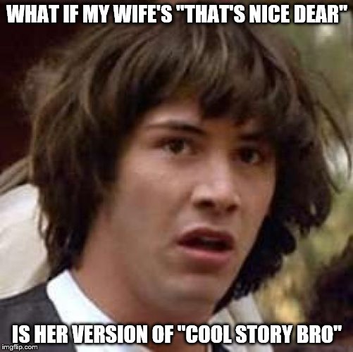 Conspiracy Keanu | WHAT IF MY WIFE'S "THAT'S NICE DEAR"; IS HER VERSION OF "COOL STORY BRO" | image tagged in memes,conspiracy keanu | made w/ Imgflip meme maker