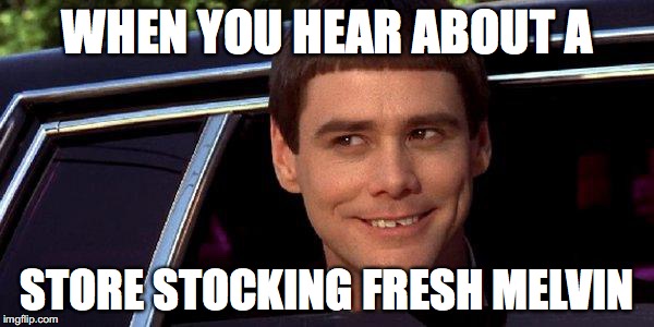 dumb and dumber | WHEN YOU HEAR ABOUT A; STORE STOCKING FRESH MELVIN | image tagged in dumb and dumber | made w/ Imgflip meme maker