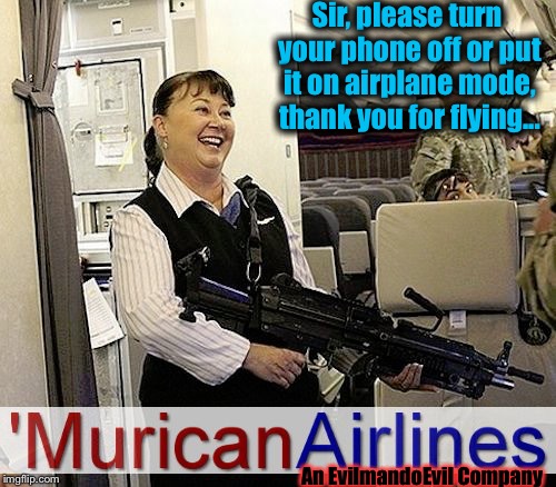 Flying the EvilmandoEvil Skies and we're 100% Jihadi free! | Sir, please turn your phone off or put it on airplane mode, thank you for flying... An EvilmandoEvil Company | image tagged in murican airlines,memes,evilmandoevil,funny | made w/ Imgflip meme maker