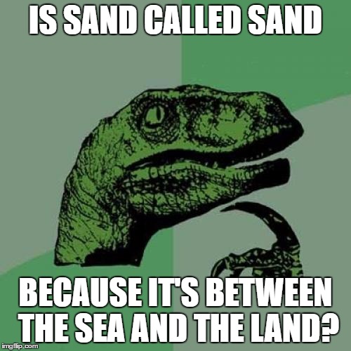 Think about it. | IS SAND CALLED SAND; BECAUSE IT'S BETWEEN THE SEA AND THE LAND? | image tagged in memes,philosoraptor | made w/ Imgflip meme maker