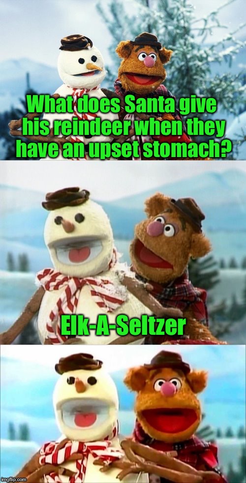 Christmas Puns With Fozzie Bear  | What does Santa give his reindeer when they have an upset stomach? Elk-A-Seltzer | image tagged in christmas puns with fozzie bear | made w/ Imgflip meme maker