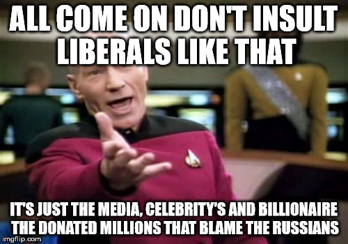 Picard Wtf Meme | ALL COME ON DON'T INSULT LIBERALS LIKE THAT IT'S JUST THE MEDIA, CELEBRITY'S AND BILLIONAIRE THE DONATED MILLIONS THAT BLAME THE RUSSIANS | image tagged in memes,picard wtf | made w/ Imgflip meme maker