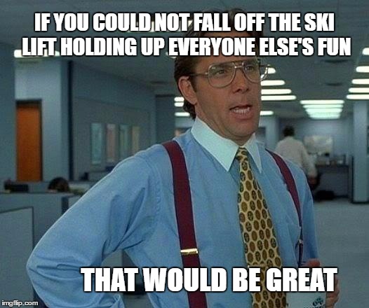 Great Ski Lift skills | IF YOU COULD NOT FALL OFF THE SKI LIFT HOLDING UP EVERYONE ELSE'S FUN; THAT WOULD BE GREAT | image tagged in memes,that would be great,ski lift pain,skiing,failsnowboarding,snow | made w/ Imgflip meme maker