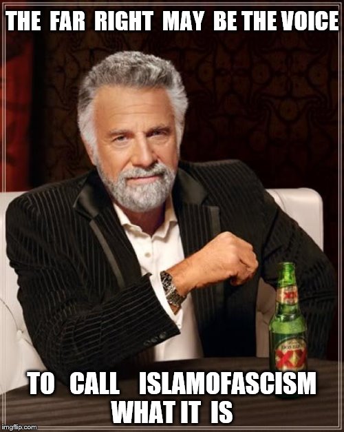 The Most Interesting Man In The World Meme | THE  FAR  RIGHT  MAY  BE THE VOICE; TO   CALL    ISLAMOFASCISM  WHAT IT  IS | image tagged in memes,the most interesting man in the world | made w/ Imgflip meme maker