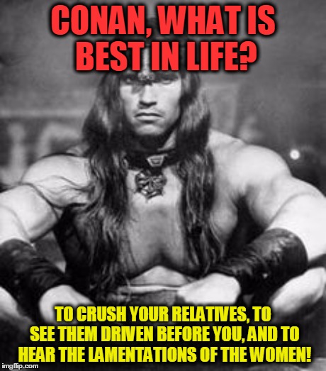 CONAN, WHAT IS BEST IN LIFE? TO CRUSH YOUR RELATIVES, TO SEE THEM DRIVEN BEFORE YOU, AND TO HEAR THE LAMENTATIONS OF THE WOMEN! | made w/ Imgflip meme maker