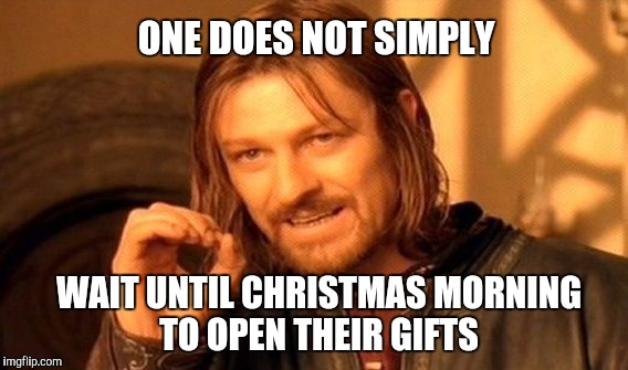 One Does Not Simply | ONE DOES NOT SIMPLY; WAIT UNTIL CHRISTMAS MORNING TO OPEN THEIR GIFTS | image tagged in memes,one does not simply | made w/ Imgflip meme maker