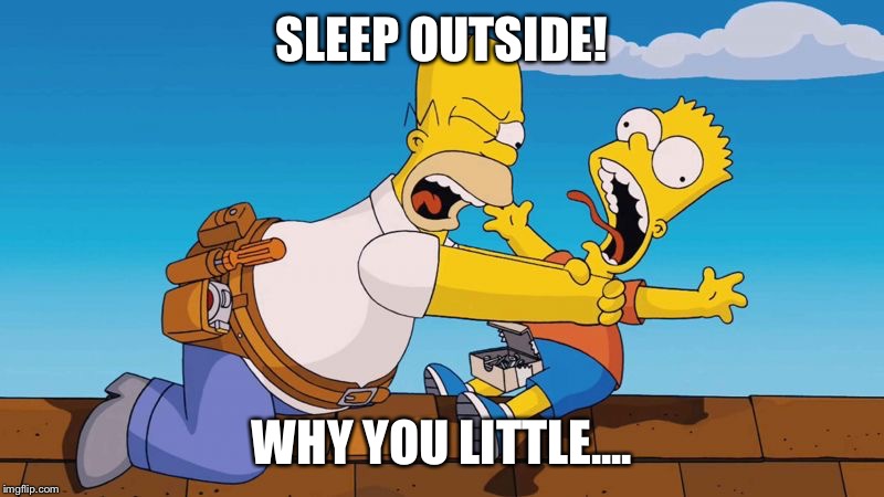 Homer choking Bart | SLEEP OUTSIDE! WHY YOU LITTLE.... | image tagged in homer choking bart | made w/ Imgflip meme maker