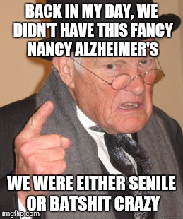 Back In My Day Meme | BACK IN MY DAY, WE DIDN'T HAVE THIS FANCY NANCY ALZHEIMER'S WE WERE EITHER SENILE OR BATSHIT CRAZY | image tagged in memes,back in my day | made w/ Imgflip meme maker