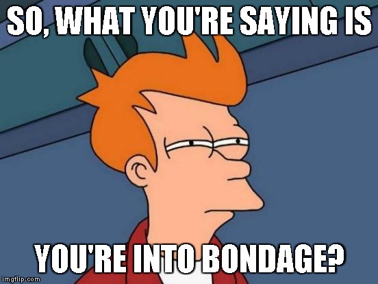 Futurama Fry Meme | SO, WHAT YOU'RE SAYING IS YOU'RE INTO BONDAGE? | image tagged in memes,futurama fry | made w/ Imgflip meme maker