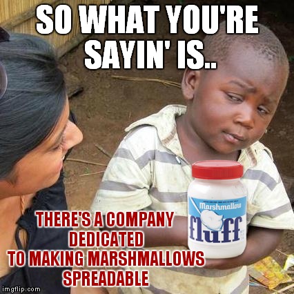 Goes good with some jif... | SO WHAT YOU'RE SAYIN' IS.. THERE'S A COMPANY DEDICATED TO MAKING MARSHMALLOWS SPREADABLE | image tagged in memes,third world skeptical kid,guhjiffy | made w/ Imgflip meme maker