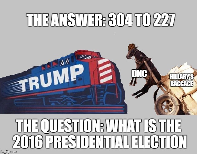 Jeopardy Question | THE ANSWER: 304 TO 227; DNC; HILLARY'S BAGGAGE; THE QUESTION: WHAT IS THE 2016 PRESIDENTIAL ELECTION | image tagged in hillary clinton 2016,trump train,jeopardy | made w/ Imgflip meme maker