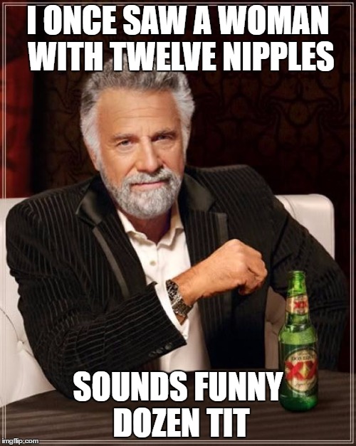 dozen tit | I ONCE SAW A WOMAN WITH TWELVE NIPPLES; SOUNDS FUNNY DOZEN TIT | image tagged in memes,the most interesting man in the world,pun,boob,joke,boob joke | made w/ Imgflip meme maker