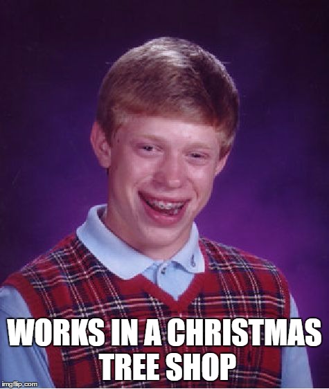 Bad Luck Brian Meme | WORKS IN A CHRISTMAS TREE SHOP | image tagged in memes,bad luck brian | made w/ Imgflip meme maker