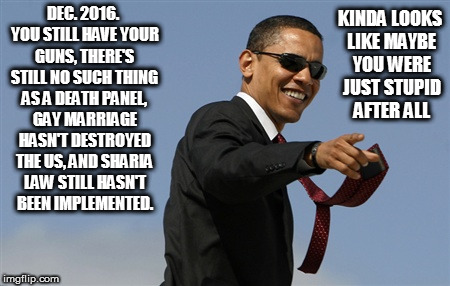 Cool Obama | KINDA LOOKS LIKE MAYBE YOU WERE JUST STUPID AFTER ALL; DEC. 2016. YOU STILL HAVE YOUR GUNS, THERE'S STILL NO SUCH THING AS A DEATH PANEL, GAY MARRIAGE HASN'T DESTROYED THE US, AND SHARIA LAW STILL HASN'T BEEN IMPLEMENTED. | image tagged in memes,cool obama | made w/ Imgflip meme maker