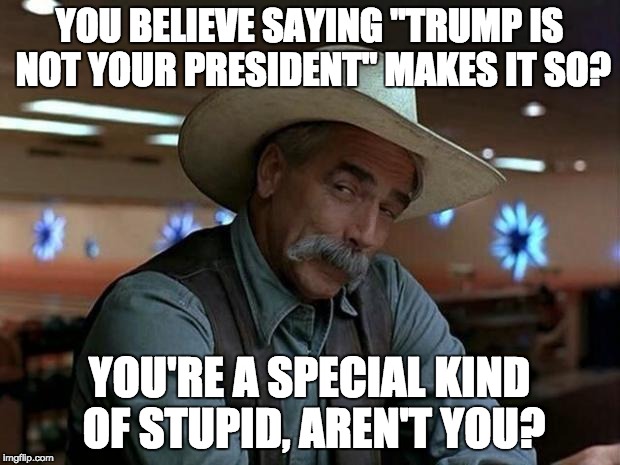 special kind of stupid | YOU BELIEVE SAYING "TRUMP IS NOT YOUR PRESIDENT" MAKES IT SO? YOU'RE A SPECIAL KIND OF STUPID, AREN'T YOU? | image tagged in special kind of stupid | made w/ Imgflip meme maker