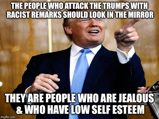 THE PEOPLE WHO ATTACK THE TRUMPS WITH RACIST REMARKS SHOULD LOOK IN THE MIRROR THEY ARE PEOPLE WHO ARE JEALOUS & WHO HAVE LOW SELF ESTEEM | made w/ Imgflip meme maker