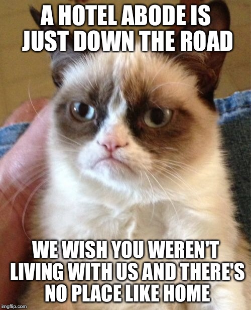 Grumpy Cat Meme | A HOTEL ABODE IS JUST DOWN THE ROAD WE WISH YOU WEREN'T LIVING WITH US AND THERE'S NO PLACE LIKE HOME | image tagged in memes,grumpy cat | made w/ Imgflip meme maker