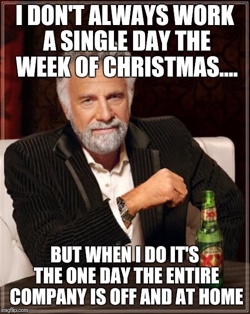 The Most Interesting Man In The World Meme | I DON'T ALWAYS WORK A SINGLE DAY THE WEEK OF CHRISTMAS.... BUT WHEN I DO IT'S THE ONE DAY THE ENTIRE COMPANY IS OFF AND AT HOME | image tagged in memes,the most interesting man in the world | made w/ Imgflip meme maker