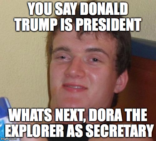 10 Guy Meme | YOU SAY DONALD TRUMP IS PRESIDENT; WHATS NEXT, DORA THE EXPLORER AS SECRETARY | image tagged in memes,10 guy | made w/ Imgflip meme maker