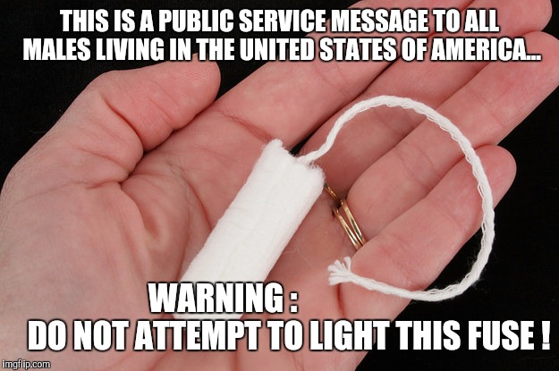 Public Service Announcement | THIS IS A PUBLIC SERVICE MESSAGE TO ALL MALES LIVING IN THE UNITED STATES OF AMERICA... WARNING :                      DO NOT ATTEMPT TO LIGHT THIS FUSE ! | image tagged in warning,funny,tampon,memes,psa,pms | made w/ Imgflip meme maker