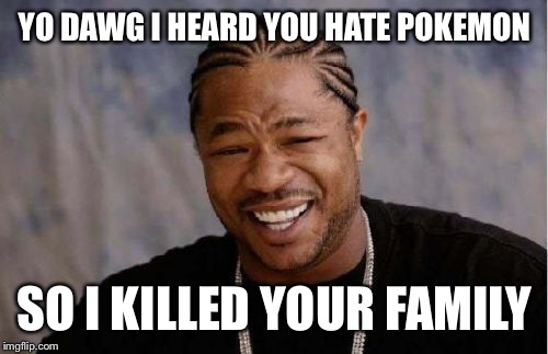 YO DAWG I HEARD YOU HATE POKEMON SO I KILLED YOUR FAMILY | image tagged in memes,yo dawg heard you | made w/ Imgflip meme maker