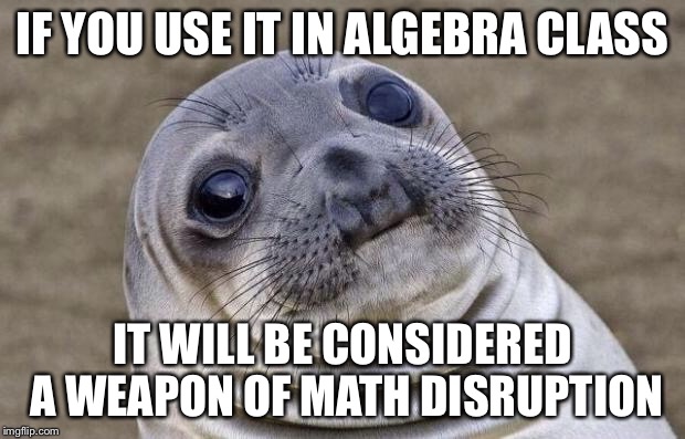 Awkward Moment Sealion Meme | IF YOU USE IT IN ALGEBRA CLASS IT WILL BE CONSIDERED A WEAPON OF MATH DISRUPTION | image tagged in memes,awkward moment sealion | made w/ Imgflip meme maker