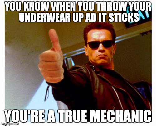 YOU KNOW WHEN YOU THROW YOUR UNDERWEAR UP AD IT STICKS; YOU'RE A TRUE MECHANIC | image tagged in bleh | made w/ Imgflip meme maker