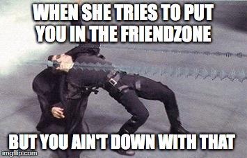 neo dodging a bullet matrix | WHEN SHE TRIES TO PUT YOU IN THE FRIENDZONE; BUT YOU AIN'T DOWN WITH THAT | image tagged in neo dodging a bullet matrix | made w/ Imgflip meme maker
