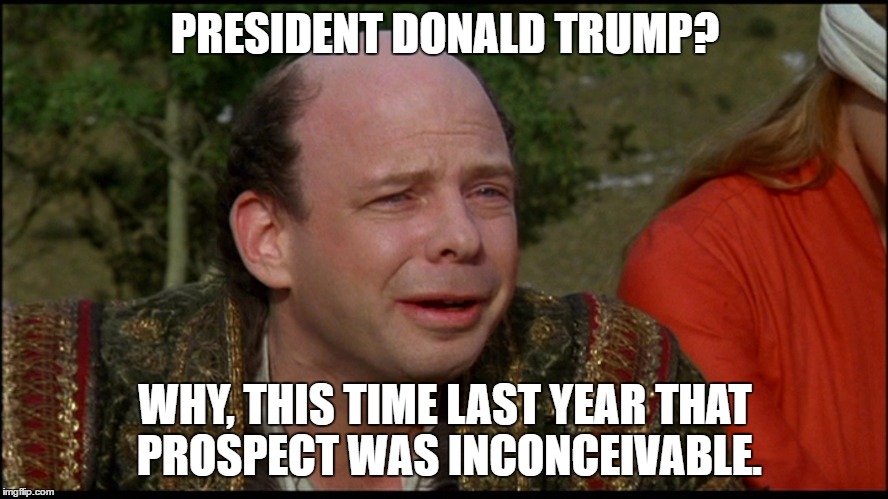 princess bride morons | PRESIDENT DONALD TRUMP? WHY, THIS TIME LAST YEAR THAT PROSPECT WAS INCONCEIVABLE. | image tagged in princess bride morons | made w/ Imgflip meme maker