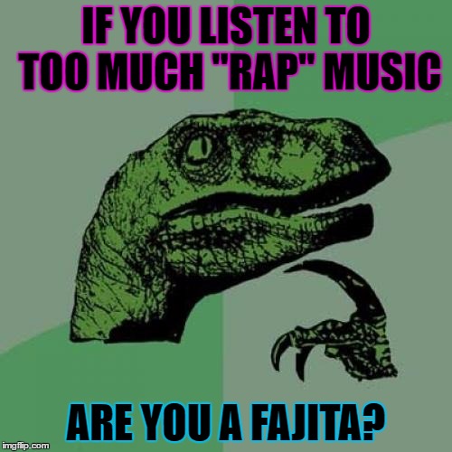 Philosoraptor | IF YOU LISTEN TO TOO MUCH "RAP" MUSIC; ARE YOU A FAJITA? | image tagged in memes,philosoraptor | made w/ Imgflip meme maker