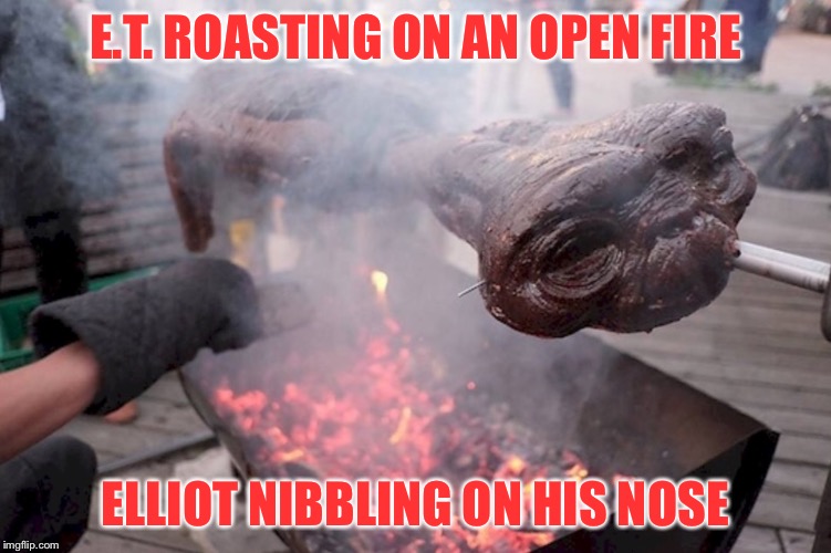 Alien bbq | E.T. ROASTING ON AN OPEN FIRE ELLIOT NIBBLING ON HIS NOSE | image tagged in alien bbq | made w/ Imgflip meme maker