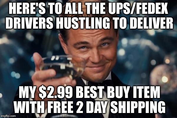 Leonardo Dicaprio Cheers Meme | HERE'S TO ALL THE UPS/FEDEX DRIVERS HUSTLING TO DELIVER; MY $2.99 BEST BUY ITEM WITH FREE 2 DAY SHIPPING | image tagged in memes,leonardo dicaprio cheers | made w/ Imgflip meme maker
