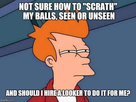 Futurama Fry Meme | NOT SURE HOW TO "SCRATH" MY BALLS, SEEN OR UNSEEN AND SHOULD I HIRE A LOOKER TO DO IT FOR ME? | image tagged in memes,futurama fry | made w/ Imgflip meme maker