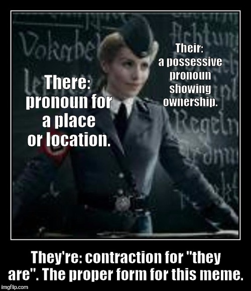 There: pronoun for a place or location. They're: contraction for "they are". The proper form for this meme. Their: a possessive pronoun show | made w/ Imgflip meme maker