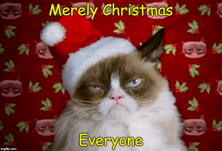 Grumpy cat Xmas | Merely Christmas; Everyone | image tagged in grumpy cat xmas | made w/ Imgflip meme maker