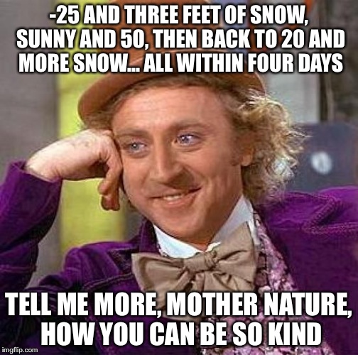 Creepy Condescending Wonka | -25 AND THREE FEET OF SNOW, SUNNY AND 50, THEN BACK TO 20 AND MORE SNOW... ALL WITHIN FOUR DAYS; TELL ME MORE, MOTHER NATURE, HOW YOU CAN BE SO KIND | image tagged in memes,creepy condescending wonka | made w/ Imgflip meme maker