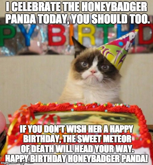 Grumpy Cat Birthday | I CELEBRATE THE HONEYBADGER PANDA TODAY, YOU SHOULD TOO. IF YOU DON'T WISH HER A HAPPY BIRTHDAY, THE SWEET METEOR OF DEATH WILL HEAD YOUR WAY. HAPPY BIRTHDAY HONEYBADGER PANDA! | image tagged in memes,grumpy cat birthday,grumpy cat | made w/ Imgflip meme maker