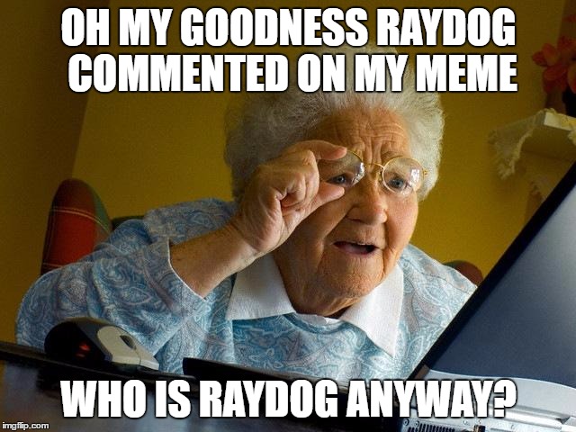Grandma Finds The Internet | OH MY GOODNESS RAYDOG COMMENTED ON MY MEME; WHO IS RAYDOG ANYWAY? | image tagged in memes,grandma finds the internet | made w/ Imgflip meme maker