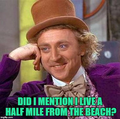 Creepy Condescending Wonka Meme | DID I MENTION I LIVE A HALF MILE FROM THE BEACH? | image tagged in memes,creepy condescending wonka | made w/ Imgflip meme maker