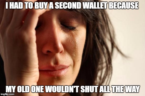 First World Problems | I HAD TO BUY A SECOND WALLET BECAUSE; MY OLD ONE WOULDN'T SHUT ALL THE WAY | image tagged in memes,first world problems | made w/ Imgflip meme maker
