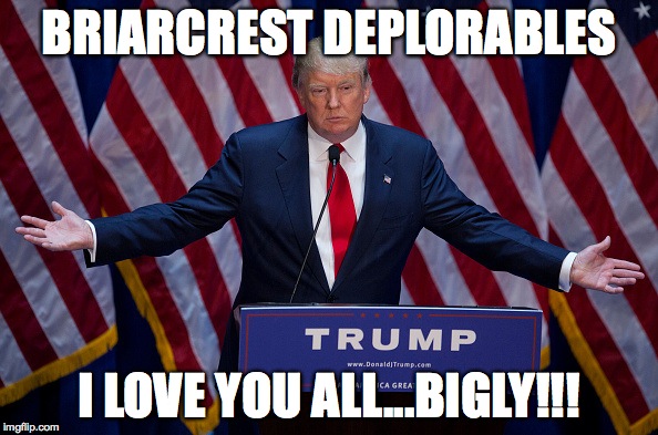 Donald Trump | BRIARCREST DEPLORABLES; I LOVE YOU ALL...BIGLY!!! | image tagged in donald trump | made w/ Imgflip meme maker