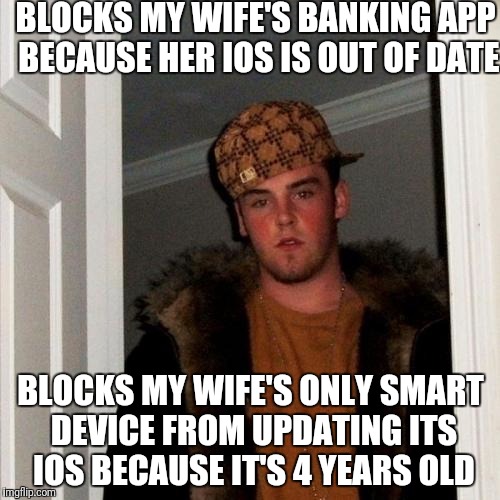 Scumbag Steve Meme | BLOCKS MY WIFE'S BANKING APP BECAUSE HER IOS IS OUT OF DATE; BLOCKS MY WIFE'S ONLY SMART DEVICE FROM UPDATING ITS IOS BECAUSE IT'S 4 YEARS OLD | image tagged in memes,scumbag steve | made w/ Imgflip meme maker