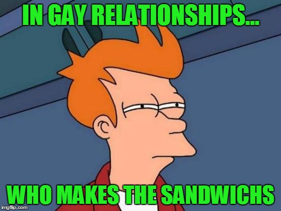 Hold the mayo. | IN GAY RELATIONSHIPS... WHO MAKES THE SANDWICHS | image tagged in memes,futurama fry | made w/ Imgflip meme maker