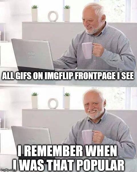 If you're annoyed at the explosion if gifs, just remember that these trends fade after a while | ALL GIFS ON IMGFLIP FRONTPAGE I SEE; I REMEMBER WHEN I WAS THAT POPULAR | image tagged in memes,hide the pain harold,gifs,gif,trending now,imgflip trends | made w/ Imgflip meme maker