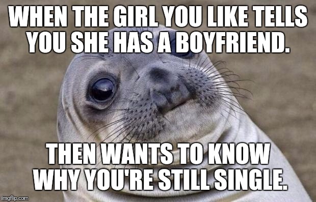 This has happened to all of us, right?... No?... Just me?.... Alright then.... | WHEN THE GIRL YOU LIKE TELLS YOU SHE HAS A BOYFRIEND. THEN WANTS TO KNOW WHY YOU'RE STILL SINGLE. | image tagged in memes,awkward moment sealion,bad luck,crush | made w/ Imgflip meme maker