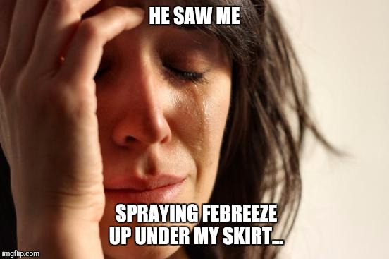 Febreeze dat Stank | HE SAW ME; SPRAYING FEBREEZE UP UNDER MY SKIRT... | image tagged in memes,stank,spray,deodorant,woman crying,girl problems | made w/ Imgflip meme maker